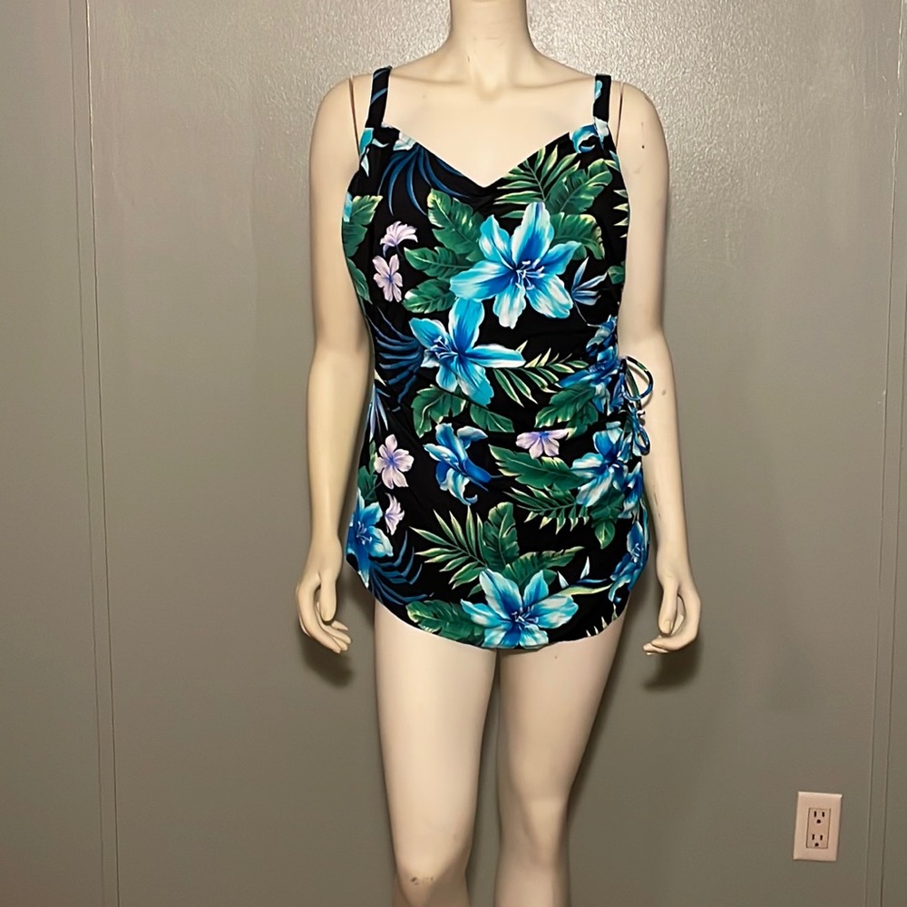 White stag, sarong front , floral swimsuit.